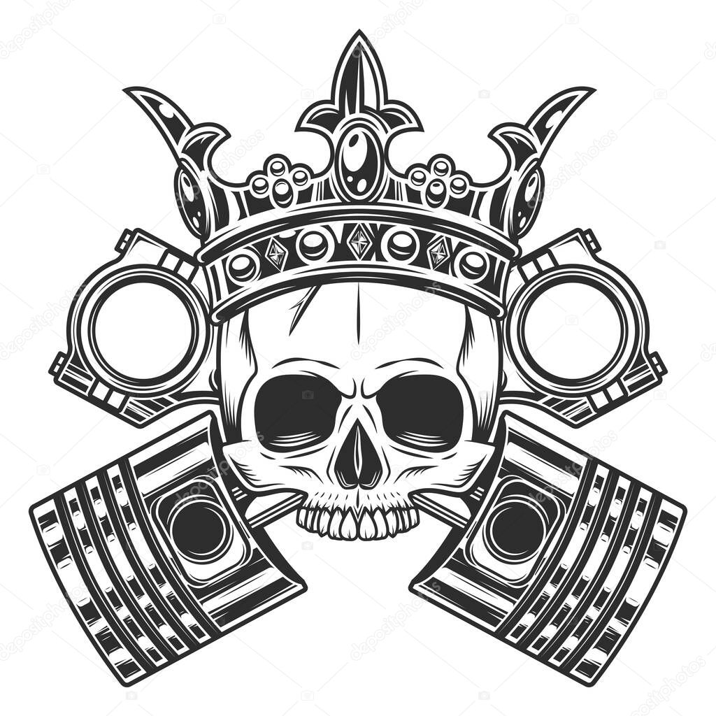 King biker skull in crown without jaw and crossed engine pistons service repair motorcycle, car and truck business in vintage monochrome isolated vector illustration