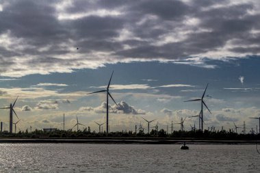 Scheldt nehri boyunca rüzgar türbinleri, Antwerp, Belçika.