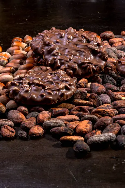 Galletas Bañadas Chocolate Trozos Avellana Composición Con Granos Cacao Estudio — Foto de Stock