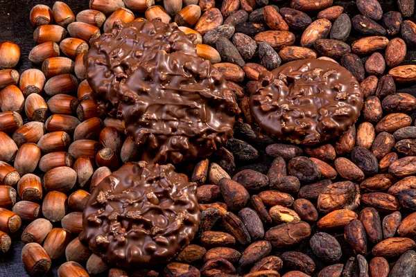 Μπισκότα Βουτηγμένα Σοκολάτα Και Κομμάτια Φουντουκιού Σύνθεση Κόκκους Κακάο Φωτογραφία — Φωτογραφία Αρχείου