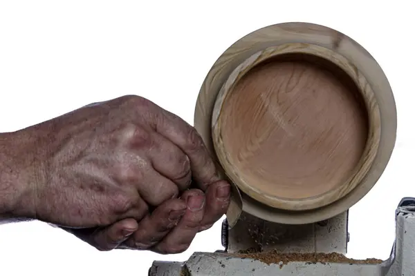 Craftsman Creating Wooden Bowl Lathe Image Workshop White Background — Stock Photo, Image