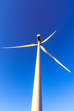 Güneşli bir yaz gününde Katalonya, İspanya 'da canlı bir mavi gökyüzüne uzanan bir rüzgar türbininin alçak açılı görüntüsü.