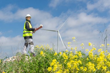 Güvenlik yeleği ve miğfer takan kadın mühendis mavi gökyüzünün altındaki sarı çiçek tarlasında rüzgar türbinlerini incelerken elinde planlar tutarak sürdürülebilir enerjiyi destekliyor.