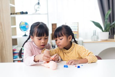 İki kardeş çocuklar için anatomi çalışıyor. İnsan organları ve iskelet parçaları oyuncakları. Her bölümün tıbbi terimleri, düzeni ve konumu öğreniliyor. evde..