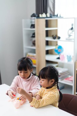 İki kardeş çocuklar için anatomi çalışıyor. İnsan organları ve iskelet parçaları oyuncakları. Her bölümün tıbbi terimleri, düzeni ve konumu öğreniliyor. evde..