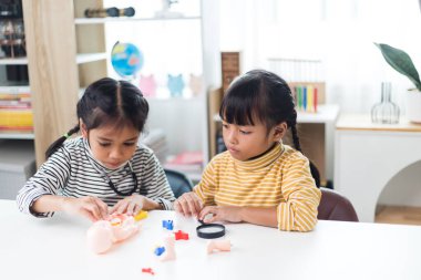 İki kardeş çocuklar için anatomi çalışıyor. İnsan organları ve iskelet parçaları oyuncakları. Her bölümün tıbbi terimleri, düzeni ve konumu öğreniliyor. evde..