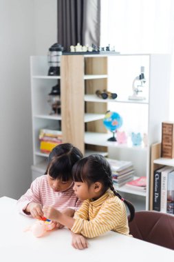 İki kardeş çocuklar için anatomi çalışıyor. İnsan organları ve iskelet parçaları oyuncakları. Her bölümün tıbbi terimleri, düzeni ve konumu öğreniliyor. evde..