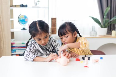 İki kardeş çocuklar için anatomi çalışıyor. İnsan organları ve iskelet parçaları oyuncakları. Her bölümün tıbbi terimleri, düzeni ve konumu öğreniliyor. evde..
