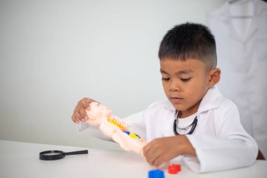 Genç bir çocuk doktorun ofisinde bir bebekle oynuyor. Oda steteskop ve oyuncak doktor seti de dahil olmak üzere tıbbi ekipmanlarla dolu. Çocuk beyaz bir laboratuvar önlüğü giyiyor.