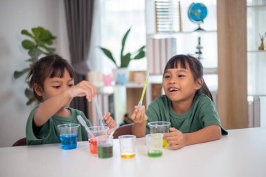 İki genç kız bir masada oturuyor, bir bilim deneyiyle oynuyorlar. Gülümsüyorlar ve eğleniyor gibiler.