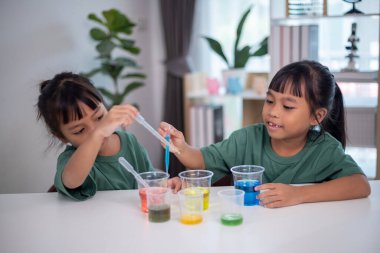 İki genç kız bir masada oturuyor, bir bilim deneyiyle oynuyorlar. Gülümsüyorlar ve eğleniyor gibiler.