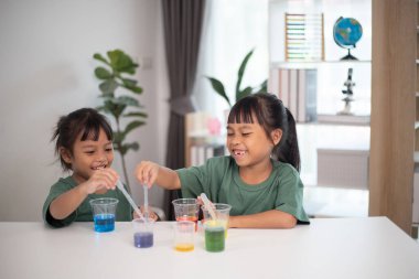 İki genç kız bir masada oturuyor, bir bilim deneyiyle oynuyorlar. Gülümsüyorlar ve eğleniyor gibiler.