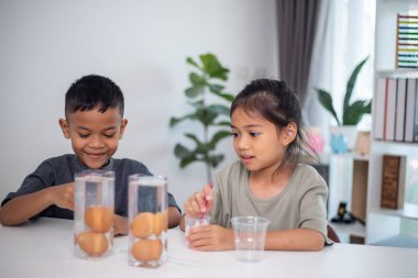 İki çocuk su ve yumurtalarla ilgili bir bilim deneyiyle oynuyorlar. Kadehleri tuzlamak için kaşık kullanıyorlar.