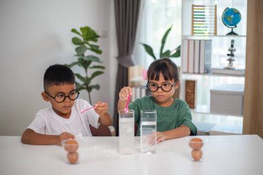 İki çocuk su ve yumurtalarla ilgili bir bilim deneyiyle oynuyorlar. Kadehleri tuzlamak için kaşık kullanıyorlar.