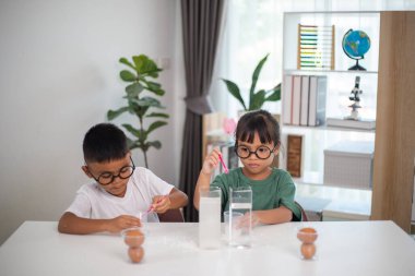 İki çocuk su ve yumurtalarla ilgili bir bilim deneyiyle oynuyorlar. Kadehleri tuzlamak için kaşık kullanıyorlar.