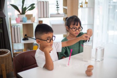 İki çocuk su ve yumurtalarla ilgili bir bilim deneyiyle oynuyorlar. Kadehleri tuzlamak için kaşık kullanıyorlar.