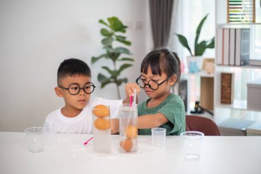 İki çocuk su ve yumurtalarla ilgili bir bilim deneyiyle oynuyorlar. Kadehleri tuzlamak için kaşık kullanıyorlar.