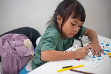 Genç bir kız elinde bir kalem ve bir kağıt parçasıyla bir masada oturuyor. Resim ve boyama pratiği yapıyor. Yeteneklerini evde geliştiriyor..