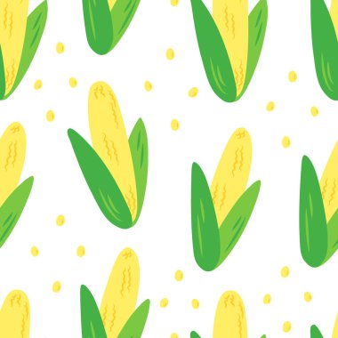 Düz stil mısır. Beyaz arkaplanda kusursuz sebze deseni.