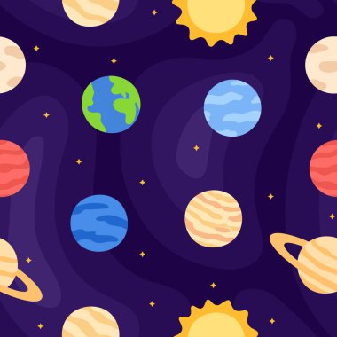 Dünya, Mars, Jüpiter, Satürn ve kozmosun arka planındaki diğer pürüzsüz desenli düz güneş sistemi..