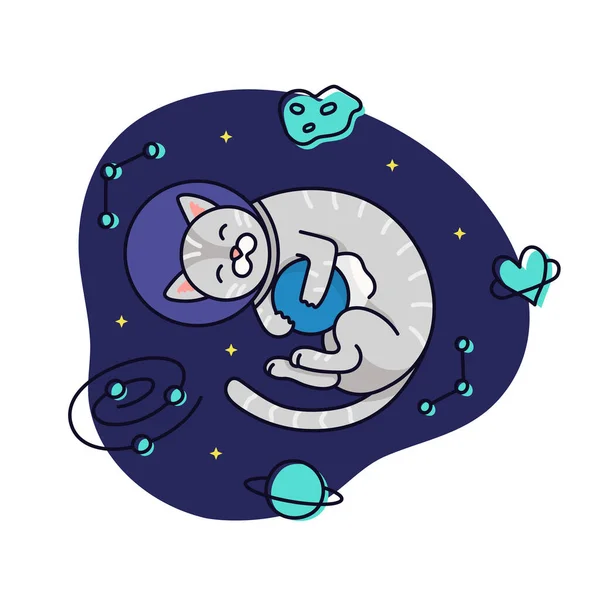 Amuzant Dungi Gri Astronaut Pisică Joacă Planeta Fundal Cosmos Ilustrație — Vector de stoc
