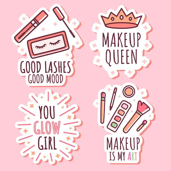 Funny Make Illustration Phrases Set Isolated Stickers Mascara Eyeshadow — Stock Vector