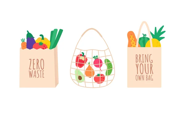 Ανακυκλώσιμες Οικολογικές Σακούλες Για Ψώνια Shopper Τσάντα String Και Χάρτινη — Διανυσματικό Αρχείο