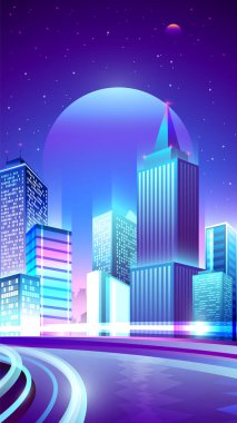 Vector vertical banner of neon shining skyscrapers. clipart