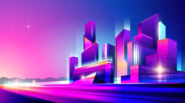 Akşam iş merkezinin vektör neon renkli gradyan çizimi.