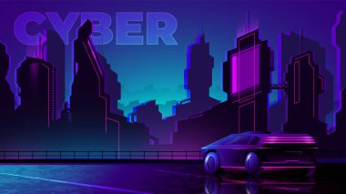 Gelecekçi metropolün arka planında duran bir araba. Gece Şehrinin Cyberpunk illüstrasyonu.