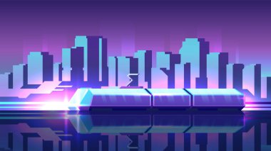 Yatay bir illüstrasyonda toplu taşıma sahnesi. Modern tramvay şehrin arka planında duruyor..