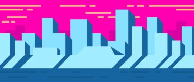 Pembe gökyüzü arka planında mavi, soyut metropol. Yatay düz pankart iş şehri görünümü.