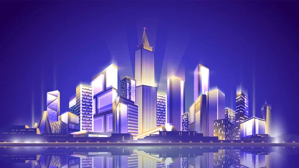 Notte Brillante Metropoli Sfondo Cielo Pulito Con Riflesso Nella Superficie — Vettoriale Stock