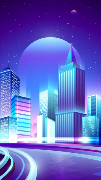 Vektor Vertikales Banner Neonglänzender Wolkenkratzer — Stockvektor