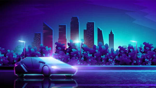 Wektor Kolorowy Ilustracja Futurystyczny Samochód Stojący Nocnej Drodze Tle Miasta — Wektor stockowy