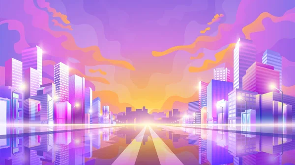 Vektorfarbige Illustration Des Stadtbildes Blick Auf Die Abendstraße — Stockvektor