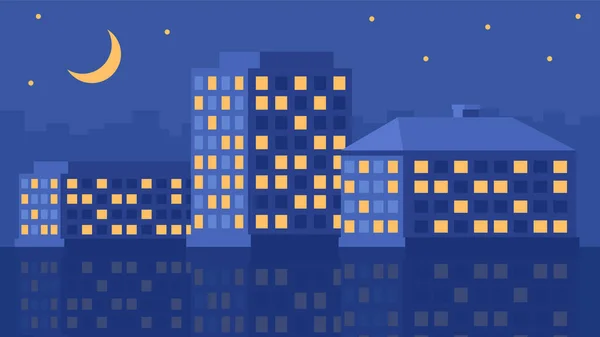 明るい窓のある美しい夜の住宅街 夜の街の風景 — ストックベクタ