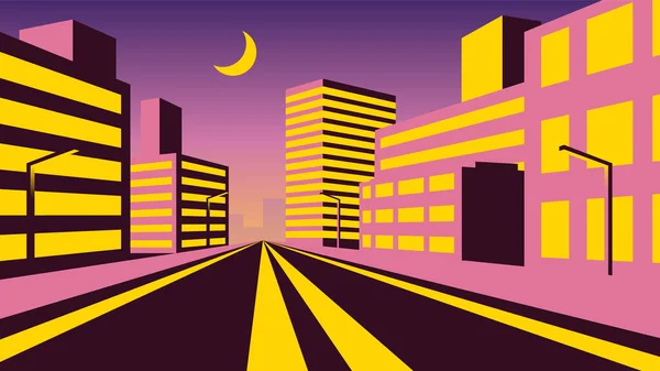 ピンクの建物や通りの美しい夜のフラットイラスト — ストックベクタ