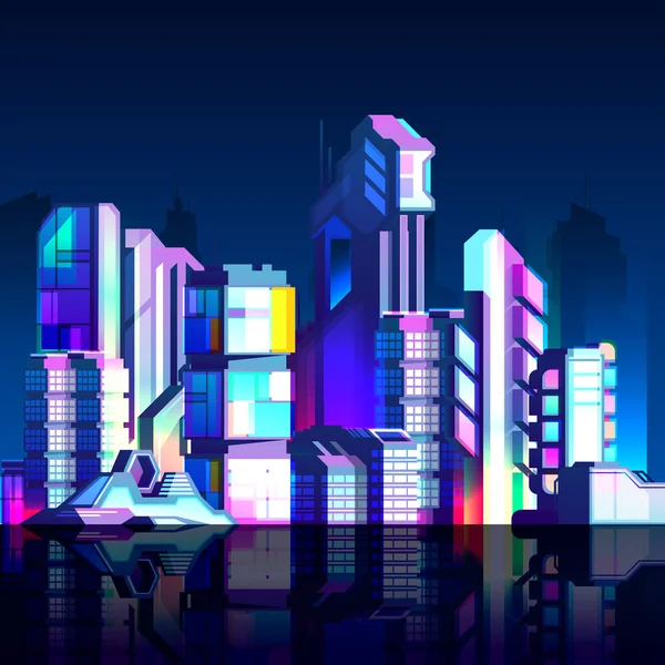 Gelecekçi Siber Punk Şehir Manzarası Neon Tarzı Renkli Modern Metropol — Stok Vektör