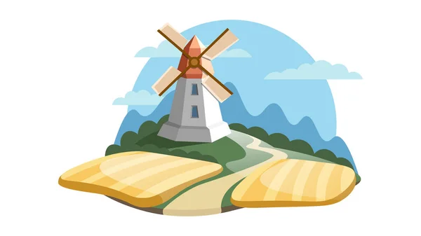 高山背景下的黄麦田中的一个古老的大风车 — 图库矢量图片