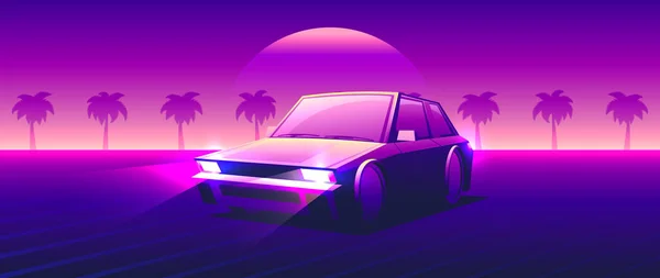 Krásné Neonové Auto Pozadí Západu Slunce Večerní Krajina Izolovaného Auta — Stockový vektor