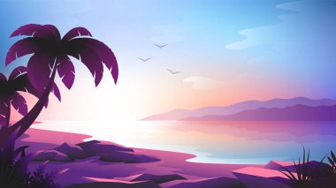 Okyanus arka planında tropikal plajda güzel gün batımı.