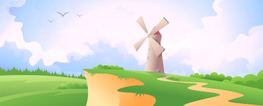 Gündüz kırsalının vektör gradyan çizimi. Yel değirmeni renkli gökyüzü arka planında uçurumun üzerinde duruyor.