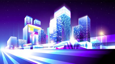 Ofis binalarının arka planına karşı gece neon otobanının vektör eğimli çizimi.