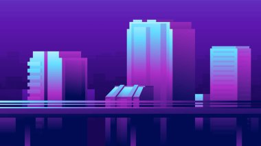 Gradyan vektör şehri. Evleri ve köprüsü olan karanlık bir gece sokağı. Gece kentsel manzarasının yatay çizimi.