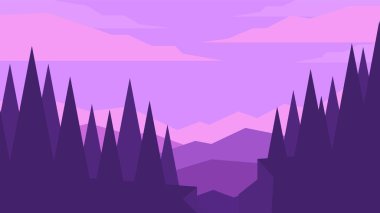 Güzel mor doğal manzara. Yoğun orman ve dağlar günbatımına karşı gökyüzü arkaplanı.