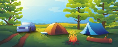 Ormanda açık hava kampı. Ateşin yanında iki çadır var..