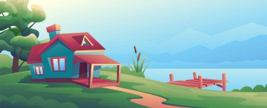 Nehrin kıyısında su kenarında iskelesi olan küçük güzel bir kulübe..