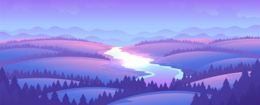 Nehir dağların arkasındaki tepelerden akar. Güzel akşam yatay kırsal manzarası.