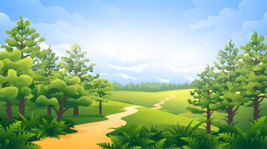 Dağların arkasındaki kozalaklı ormanın güneşli bahar manzarası.